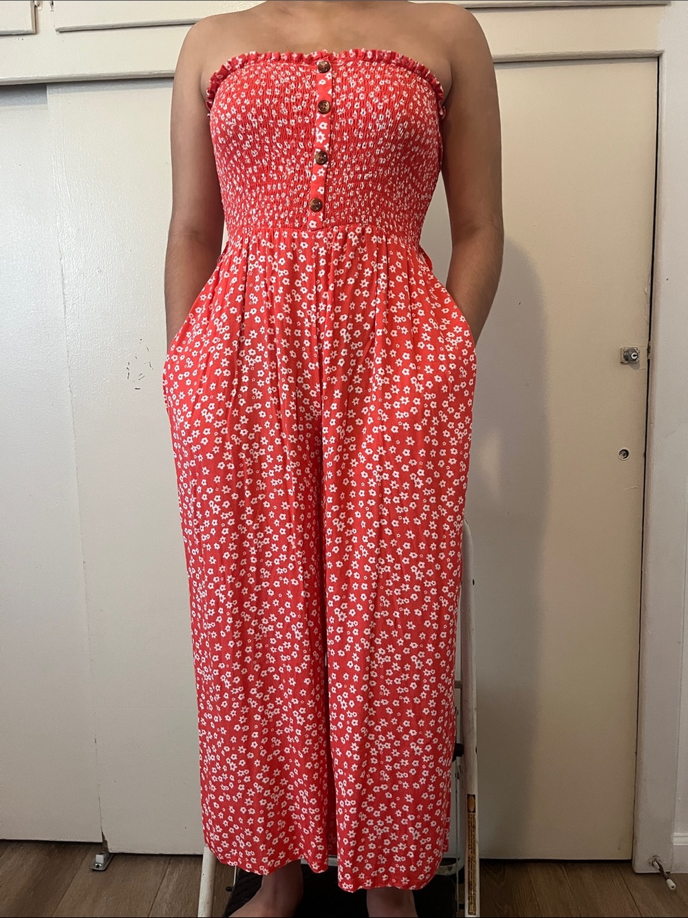 Red Strapless Floral Wide-Leg Jumpsuit